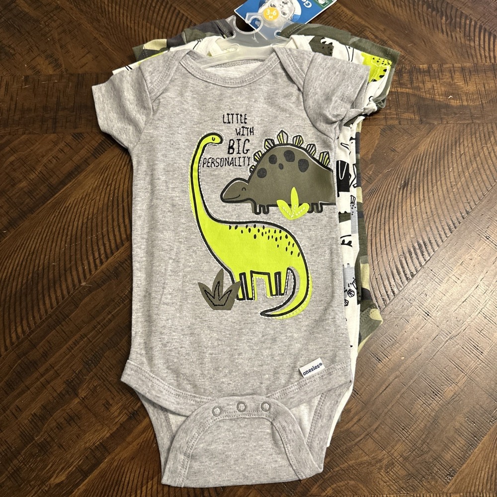 Gerber Onesies Bodysuits Size 3-6 Dinosaurs And Camouflage Months 3 Pack